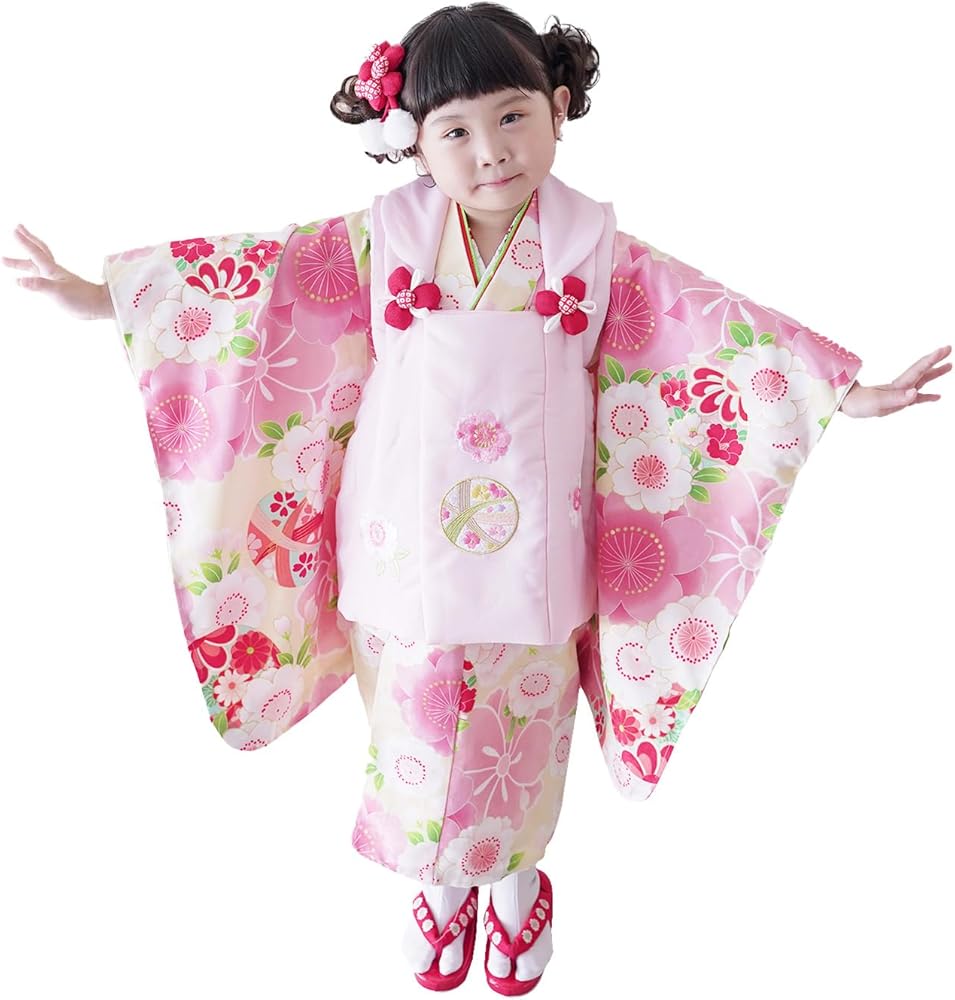 京都　花ひめ　３歳　七五三　女の子 七五三 着物 3歳 被布セット 正絹 女の子 京都花ひめ 花車1 赤色